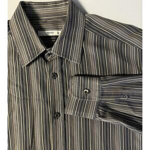 Prada Dress Shirt Mens 16 Black Dobby Stripe Button Front Long Sleeve Italy
